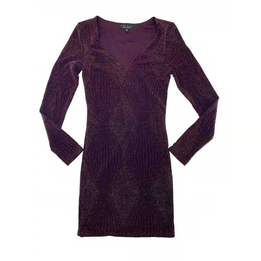 B Darlin Plum Metallic Long Sleeve V-Neck Dress